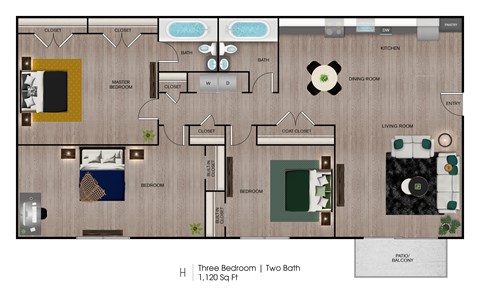 Floor plan for 3 beds, 2 baths, 1120 sqft